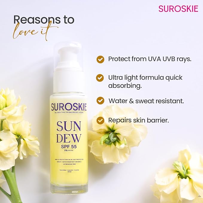 Sun Dew SPF 55 PA++++ Sunscreen, Water-Resistant, Lightweight Formula with Lavender and Niacinamide, 50ml