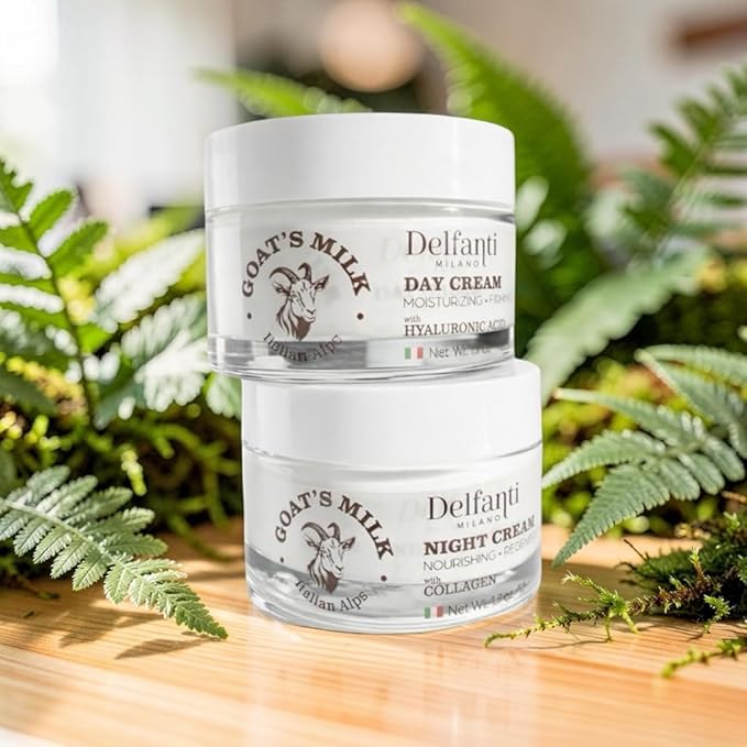 Delfanti-Milano • FULL SIZE DUO PACK • GOAT'S MILK with HYALURONIC ACID Day Cream and GOAT'S MILK with COLLAGEN Night Cream • Face and Neck Moisturizer • 2 x 1.7 oz jars • Made in Italy