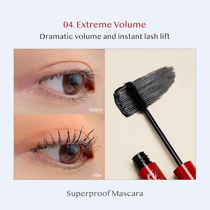 CLIO Kill Lash Superproof Mascara, Waterproof Volumizing Mascara with Peanut-Shaped Brush, Bold Full Lash Effect, Smudge-Resistant Long Wear, Buildable Definition (004 Extreme Volume)