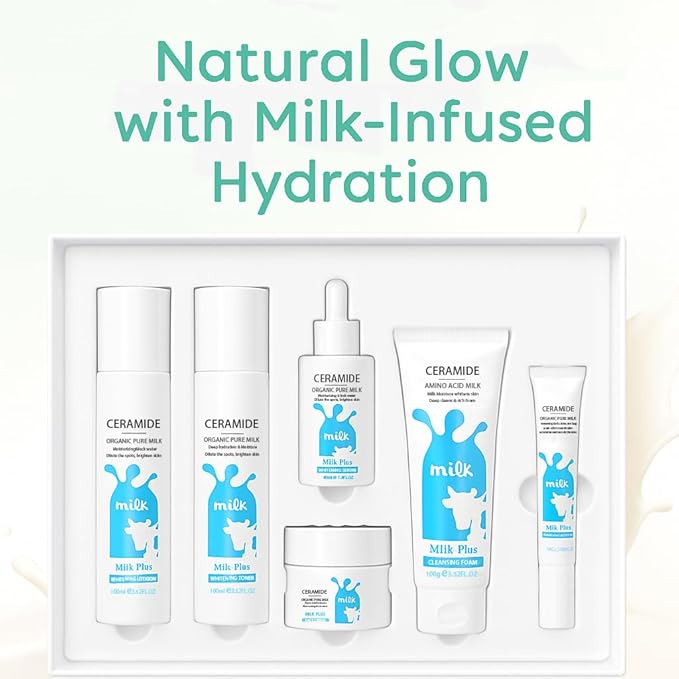 Milk Skin Care Set for Teen Girls, Skincare Gift Kit with Cleanser,Toner,Eye Cream,Serum, Lotion & Face Cream for Hydrating, Brightening, Soothing, All Skin Types