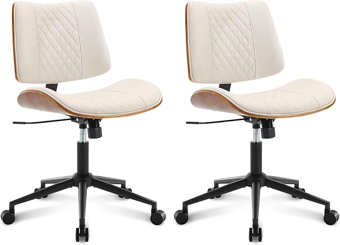 Home Office Chair No Arms with Wheels, Adjustable Height Small Desk Chair, PU Leather Mid Back 360 Swivel Computer Chair, Armless Modern Walnut Chair for Office, Reading Meeting Room(Beige)