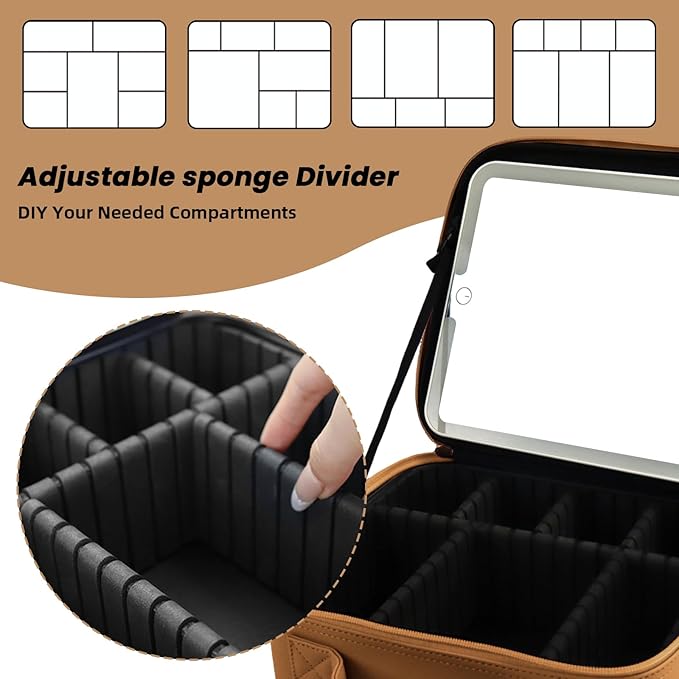 Makeup Bag with Led Mirror,Portability Cosmetic Case Portable Cosmetic Brush Organizer Bag with Adjustable Dividers,Gift for Women,Girls Gift (Light Brown)