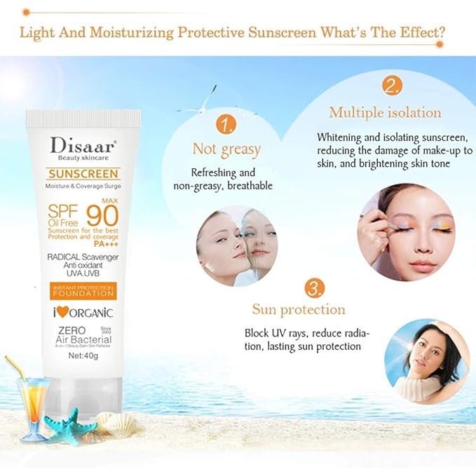 DISAAR BEAUTY Sunscreen SPF 90 PA+++, High Protection Oil-Free Sunblock with UVA/UVB Defense, Moisturizing and Lightweight Foundation Coverage, 40g (1.41oz)