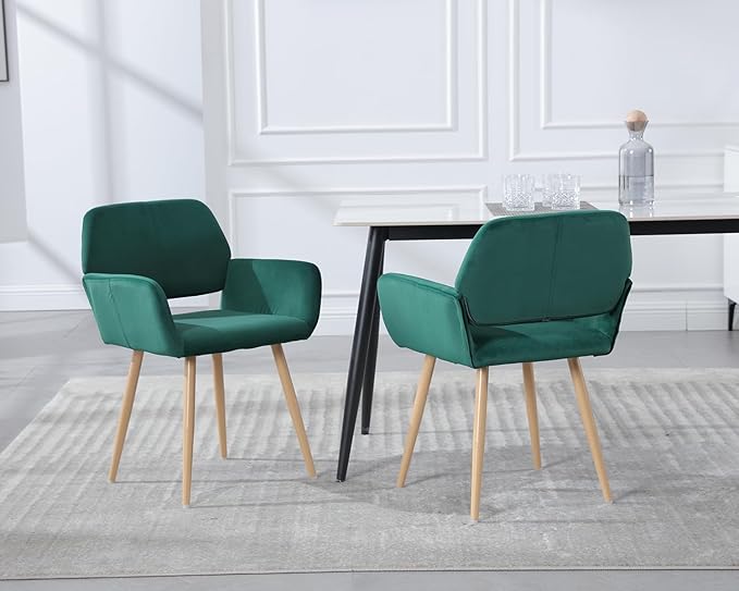 KCC Small Modern Dining Room Arm Chairs 1 Piece, Mid-Century Upholstered Velvet Side Seat Club Guest with Metal Tube Legs for Kitchen, Living Room, Green