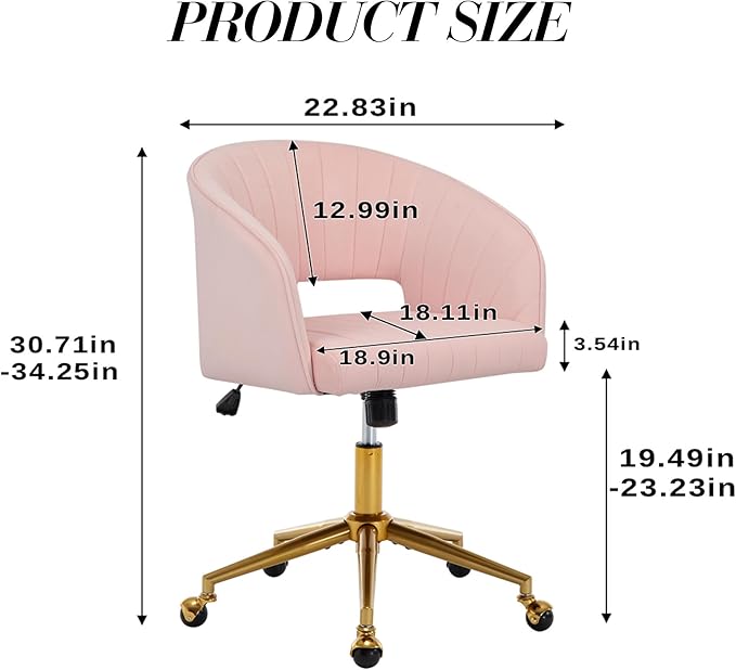 Home Office Chair Swivel Velvet Desk Chair Accent Armchair Upholstered Modern Tufted Chairs with Gold Base for Girls Women Ergonomic Study Seat Computer Task Stools for Living Room(Pink)