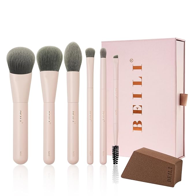 BEILI Mini 6Pcs Makeup Brush Set – Soft Pink, Travel Makeup Brushes for Foundation, Contour, Highlighter & Blending, Includes Sponge and Gift-Ready Box