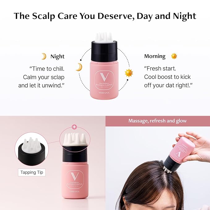 Vodana Heat Balance Blockingloss Scalp Tonic - Korean Beauty Scalp Care Nourishing - Cooling Effect Massage Tip - Caffeine Menthol Salicylic Acid Biotin Zinc PCA - 3.38 fl.oz