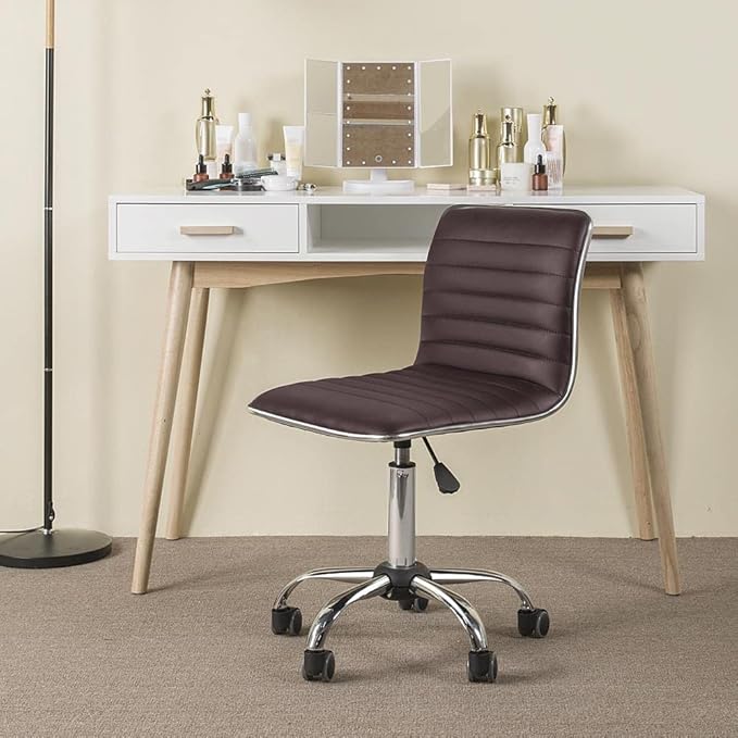 Yaheetech Modern PU Leather Ribbed Armless Working Office Chair Adjustable Low-Back Comfy Desk Task Chair w/Rolling Wheels, Brown