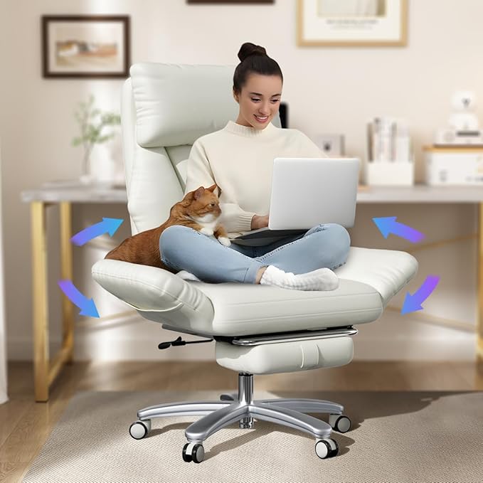 Cross Legged Office Chair with Pets Friendly Arms, Plus Size Criss Cross Desk Chair, Big and Tall Office Chair with Foot Rest, Reversible Armrests & Wide Seat, Cream White