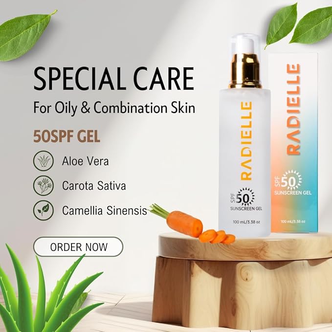 Radielle SPF 50 Sunscreen Gel, Clear, Lightweight Formula with Green Tea, Aloe Vera, Carrot Seed Extract, 3.38 oz