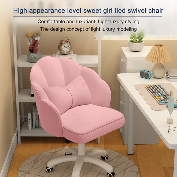 Vanity Chair with Wheels Velvet Petal Desk Chair Upholstered Tufted Home Office Chair for Women Girls, Height Adjustable Makeup Task Chair for Bedroom Living Room