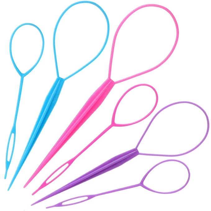 Topsy Tail Hair Tool Set - 6pcs Loop Styling Tool, Ponytail Pull Through, Two Sizes, 3 Colors (Pink/Purple/Blue) for Women, Girls & Kids