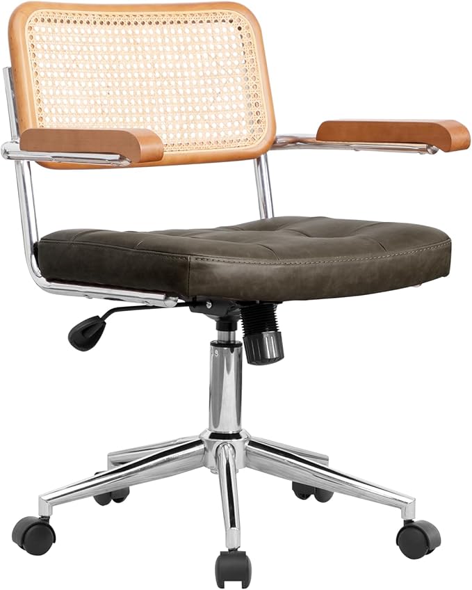 Genuine Leather Rattan Office Chairs, Modern Rattan Desk Chair with Natural Back & Wood Armrest, Small Upholstered Tufted Cowhide Home Office Desk Chairs for Home Office, Bedroom, Study, Olive Green