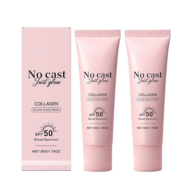No Cast Just Glow Collagen Sunscreen | SPF 50 Broad Spectrum Face Sunscreen | Lightweight, Non-Sticky, Hydrating Formula | No White Cast or Residue | Peptide, Cica for Soothing & Natural Glow (2PC)