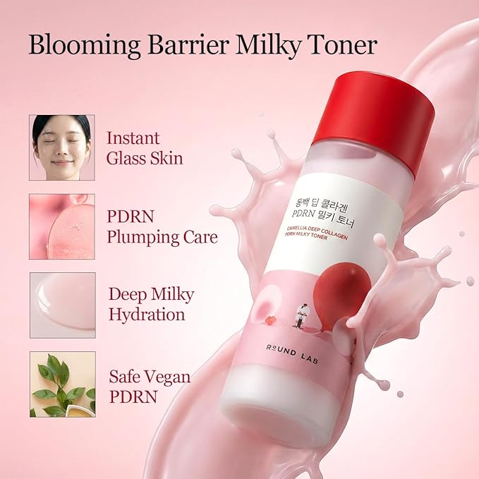 ROUND LAB Camellia Collagen PDRN Milky Toner 5.07 Fl Oz, Hydrating Elasticity-Boosting Glass Skin Toner with Low Molecular Collagen and Camellia Flower Extract, Milky Glow Texture, Korean Skincare