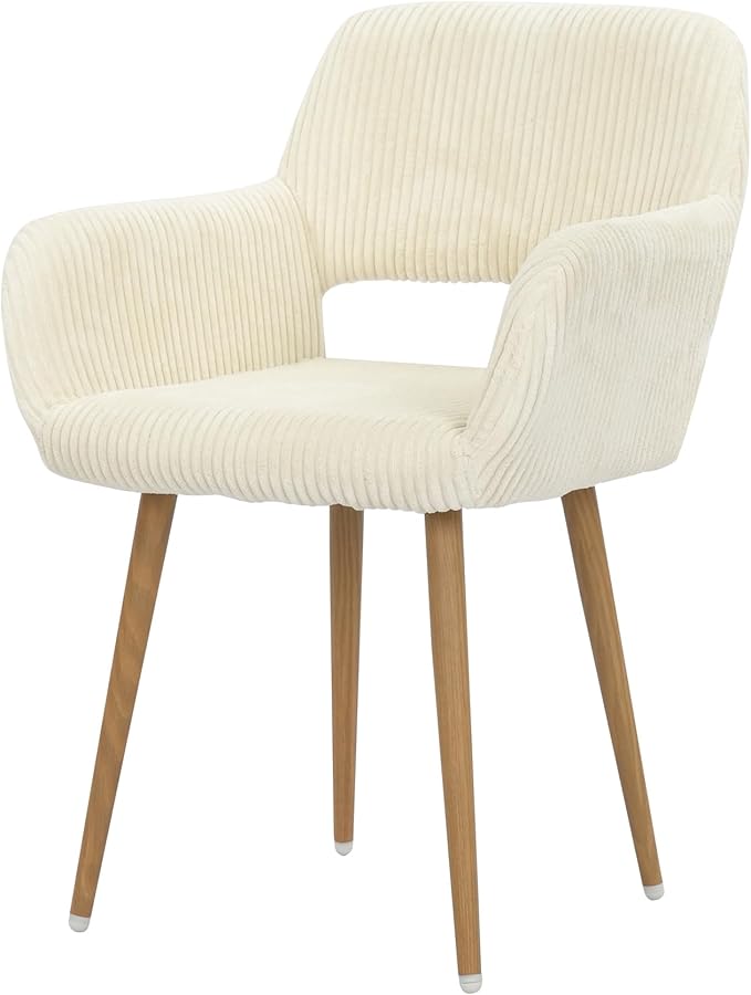 HENJIANYI Home Office Corduroy Desk Chair, Makeup Vanity Chair, Comfy Accent Armchair with Wood Grain Metal Legs, Cute Dining Chair with Hollowed Back, Beige