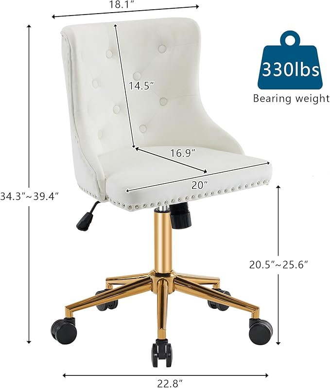 VINGLI White Velvet Armless Home Office Desk Chair with Gold Base/Wheels, Small Cute Vanity/Makeup Chair with Back for Bedroom, Upholstered Adjustable Rolling Swivel Nail Chair for Women/Girls