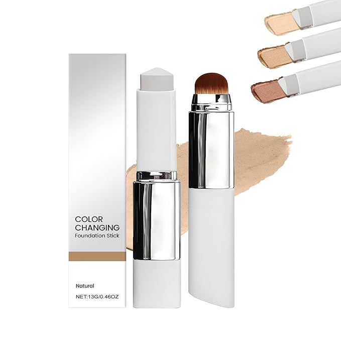 Color Changing Foundation Stick- Korean Color-Changing Foundation Stick with Volufiline - Medium to Full Coverage Dewy Finish Base Makeup - Dual-Ended with soft Brush, Portable for Daily Use-Natural