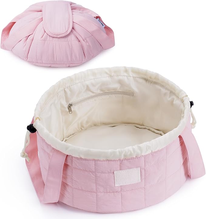 Narwey Quilted Drawstring Makeup Bag, Large Cosmetic Bag Make up Bags Toiletry Bag Travel Bags for Toiletries Organizer for Women Gift for Teen Girls (Pink) (Patent)