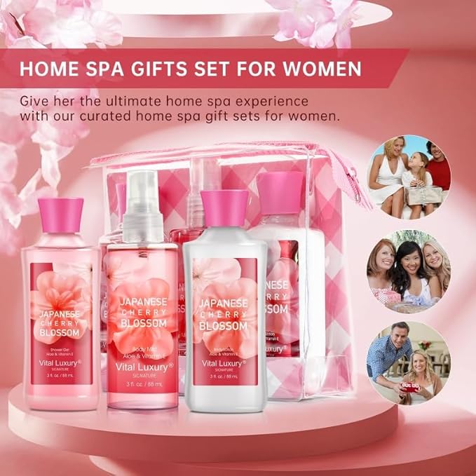 Bath and Body Gift Set – Japanese Cherry Blossom, Travel-Size Spa Kit with Gel, Lotion, Mist & Natural Extracts, Ideal for Birthday, Mother's Day & Christmas Gifts