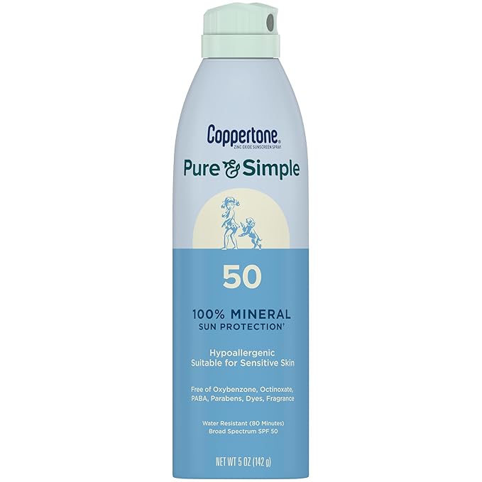 Coppertone Pure and Simple Zinc Oxide Mineral Sunscreen Spray SPF 50, Water Resistant, Broad Spectrum SPF 50 Sunscreen for Sensitive Skin, 5 Oz Spray