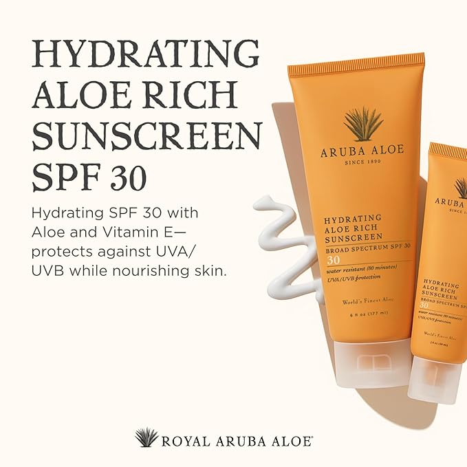 Aruba Aloe Hydrating Aloe Rich Sunscreen SPF 30 - Broad-Spectrum UVA/UVB Sunblock Lotion - Lightweight, Water-Resistant, Non-Greasy Sun Protection for Face and Body - 6 oz