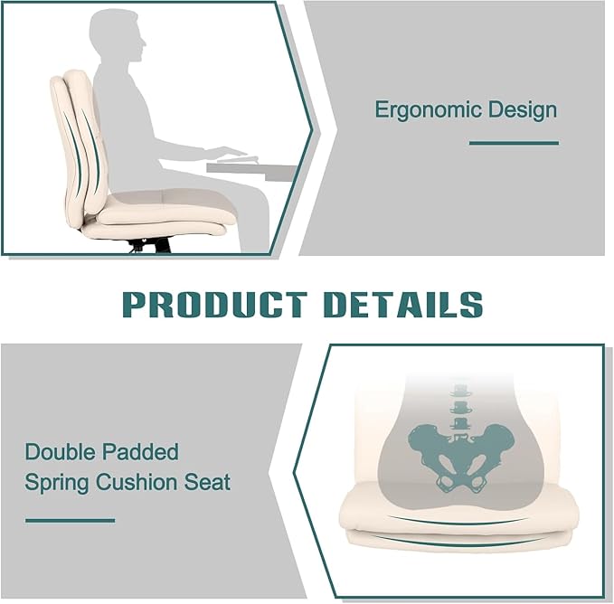 LUCKWIND Armless Office Desk Chair with Wheels, Mid-Back Criss Cross Swivel Task Chair, Height Adjustable Cushioned Vanity Chair, Double Padded PU Leather Chair for Home, Office & Bedroom, Beige White