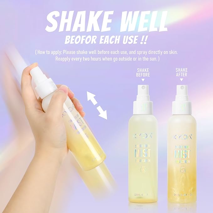 Sheer Body Sunscreen Mist, SPF 45 Ultra-fine Glowing Spray, Lightweight Hydrating Non-Greasy Quick Drying, Infused with Shimmering Radiant Glow Sunscreen Body Oil Mist-Gold,4.06 fl oz