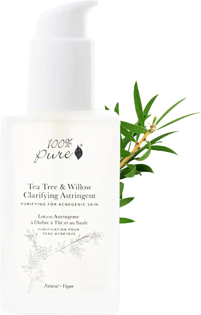 100% PURE Tea Tree & Willow Clarifying Astringent - Purify, Soothe & Nourish Acne Breakouts & Blemishes Without Stripping for Oily, Combination Skin Types - Alcohol Free, Hydrating Toner - 4 Fl Oz