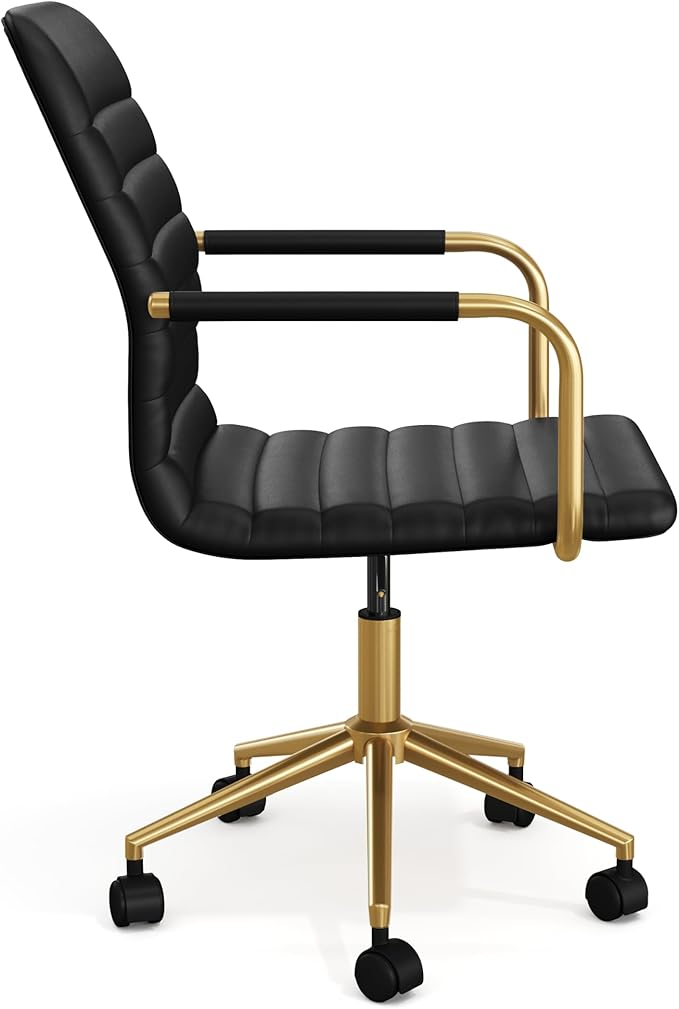 Martha Stewart Taytum Swivel Task Chair with Armrests for Home Office in Black Faux Leather with Polished Brass Frame