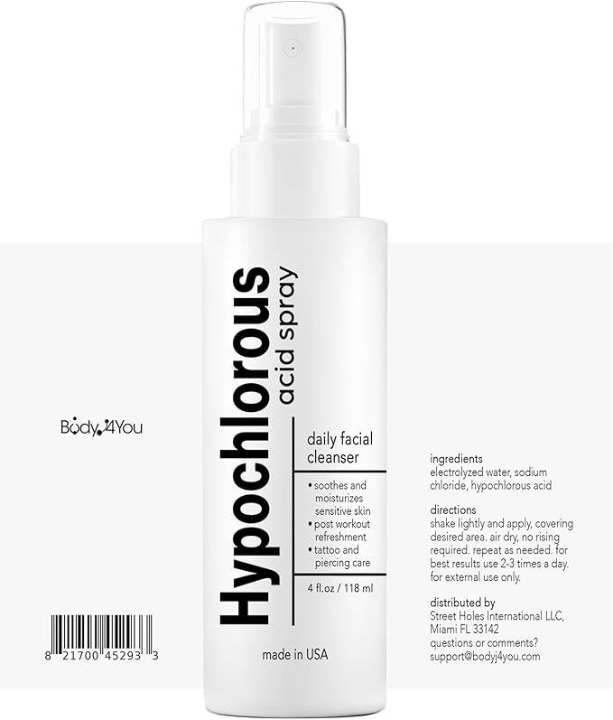 BodyJ4You Hypochlorous Acid Spray for Face Cleaner - HOCL Facial Toner Acne Sensitive Skin - HOCL Molecule Spray Topical Skin Redness Relief Breakouts - Piercing Aftercare Solution Fine Mist - 4 Fl Oz