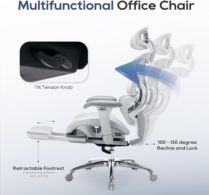 COLAMY Ergonomic Mesh Office Chair, High Back Desk Chair with Footrest, Adjustable Headrest and 3D Arms, Fixed Tilt Lock, Lumbar Support, Breathable Mesh Computer Chair for Home Office - Grey