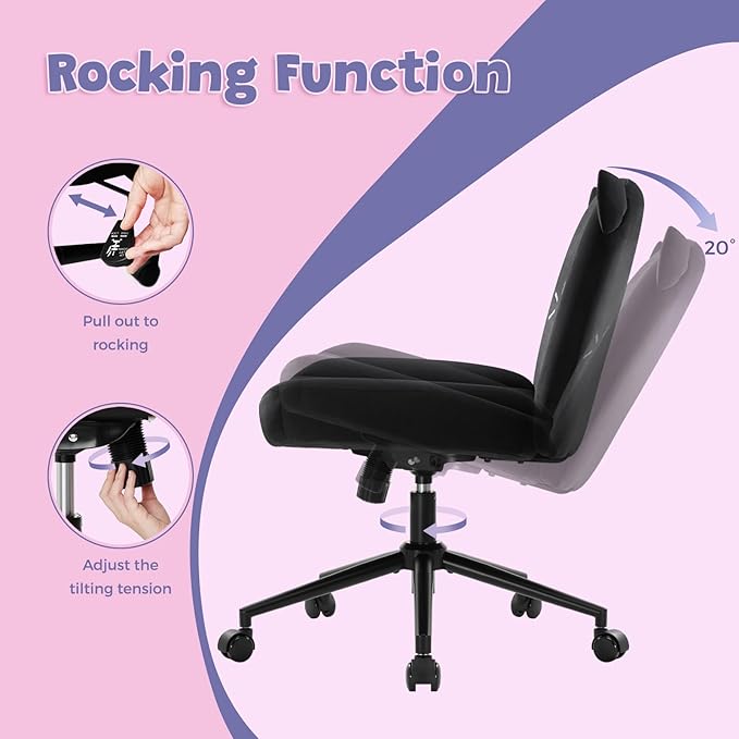 IWMH Armless Office Desk Chair with Wheels,Ergonomic Criss Cross Legged Computer Chair with Fabric Padded, Height Adjustable Wide Seat Vanity Chairs,Mid Back Task Chair for Home, Bedroom (Black)