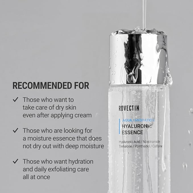 ROVECTIN Aqua Hyaluronic Essence – Hydrating Essence Toner with 7-Layer Hyaluronic Acid Complex & Niacinamide for Deep Moisturizing, Plumping, and Soothing | Vegan Korean Skincare (3.38 fl oz)