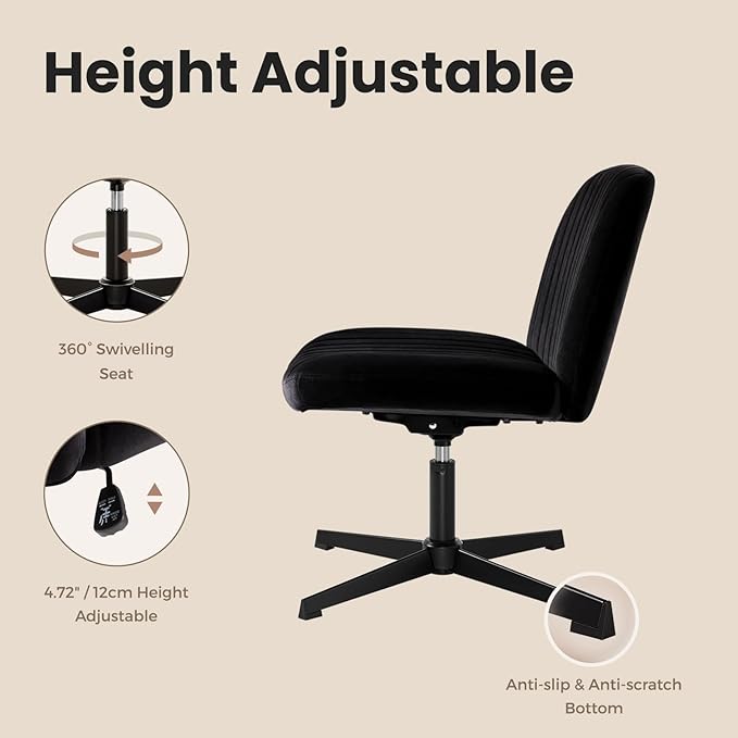 IWMH Criss Cross Chair, Cross Legged Office Chairs no Wheels, Armless Wide Seat Desk Chair with Adjustable Height for Home, Vanity, Bedroom (Black)