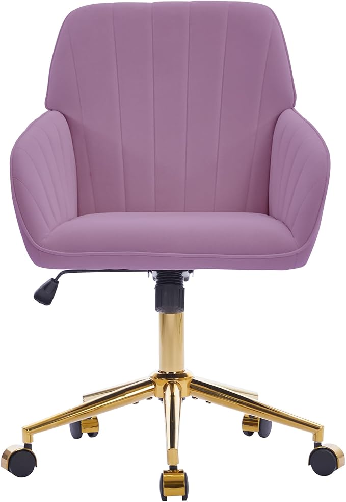 YITAI Velvet Office Desk Armchairs with Gold Base and Wheels,Modern Height Adjustable 360 Degree Swivel Upholstered Vanity Chairs for Living/Room Bedroom/Study,Light Purple