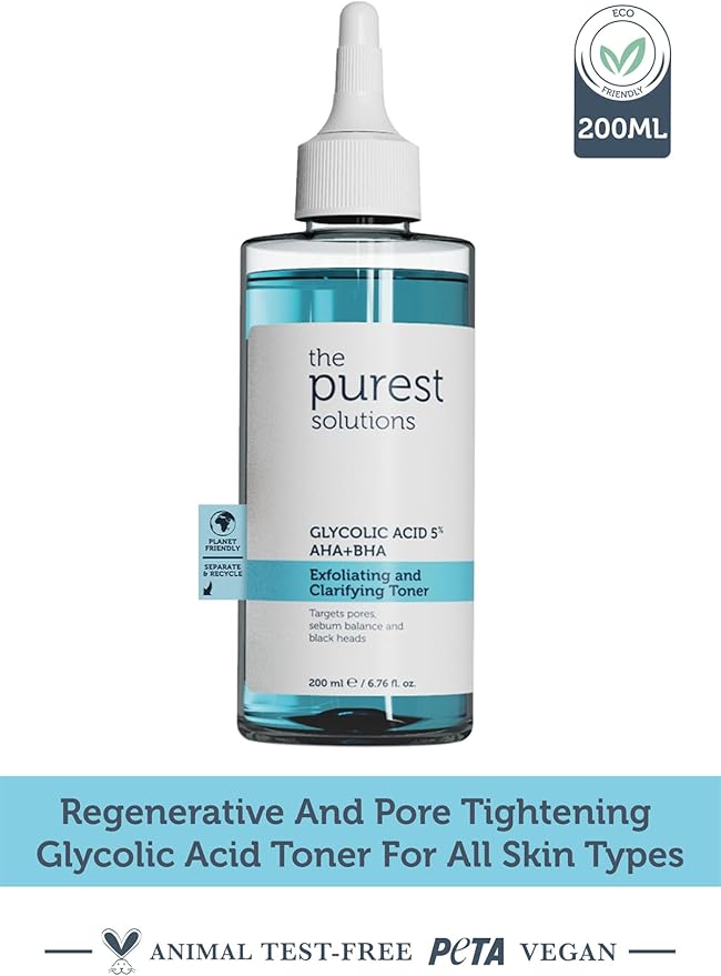 The Purest Solutions Exfoliating and Clarifying Toner (Glycolic Acid 5% AHA + BHA) - for All Skin Types - Balance Sebum Secretion - Reduce Pores Appearance - Vegan | Cruelty Free (6.76 fl. oz)