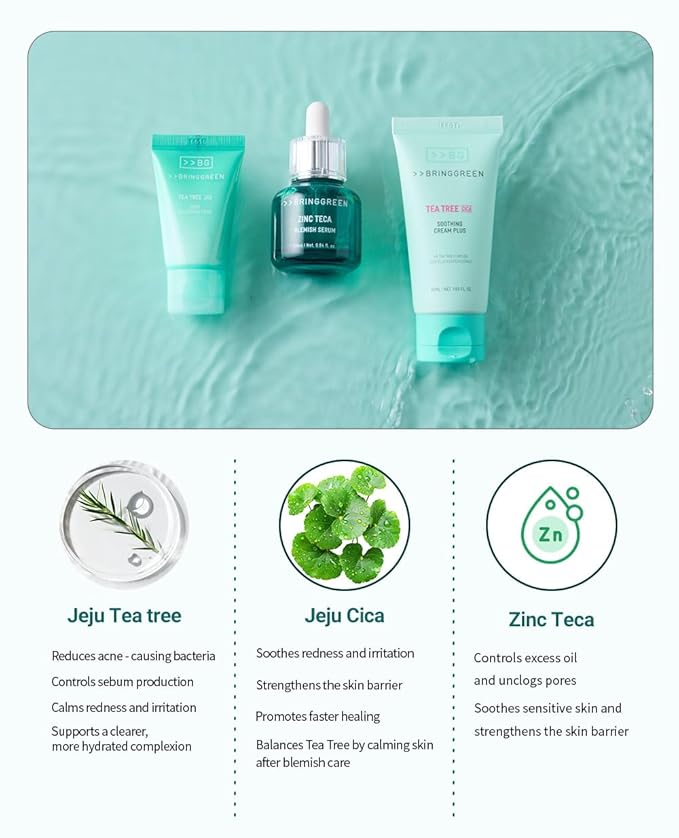 BRING GREEN TEA TREE CICA TRIAL KIT | Travel Size Korean Skin Care Set for Acne-Prone, Sensitive Skin | Zinc Teca Serum, Tea Tree Cica Moisturizer & Deep Cleansing Foam | Hydrating & Oil Control