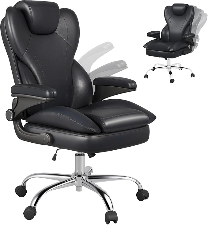 Hovos Office Chair, Ergonomic Big and Tall Desk Leather Chair with Padded Flip-up Arms, Adjustable Tilt Lock, Heavy Duty Swivel Rolling Computer Chair for Home Office, Black