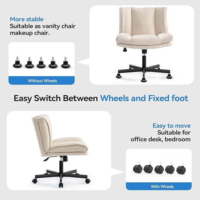 LEAGOO Criss Cross Chair with Wheels, Furry Armless Desk Chair, Comfy Wide Seat Cross Legged Office Chair, Stylish Height Adjustable Cute Swivel Vanity Chair for Home Office, Make Up, Cream White