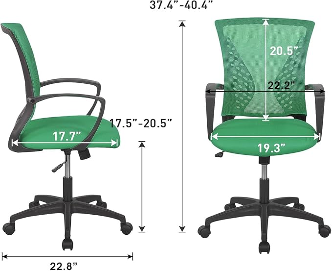 Home Office Chair Mid Back PC Swivel Lumbar Support Adjustable Desk Task Computer Ergonomic Comfortable Mesh Chair with Armrest (Green)