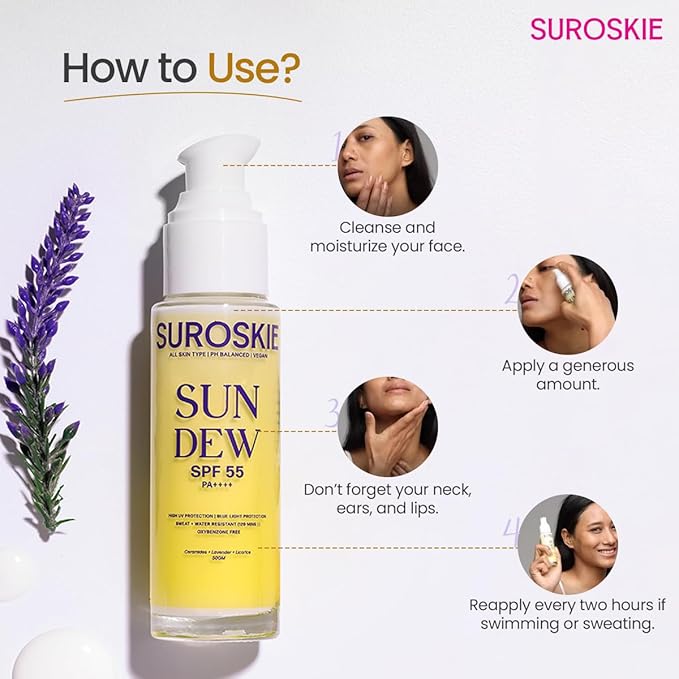 Sun Dew SPF 55 PA++++ Sunscreen, Water-Resistant, Lightweight Formula with Lavender and Niacinamide, 50ml