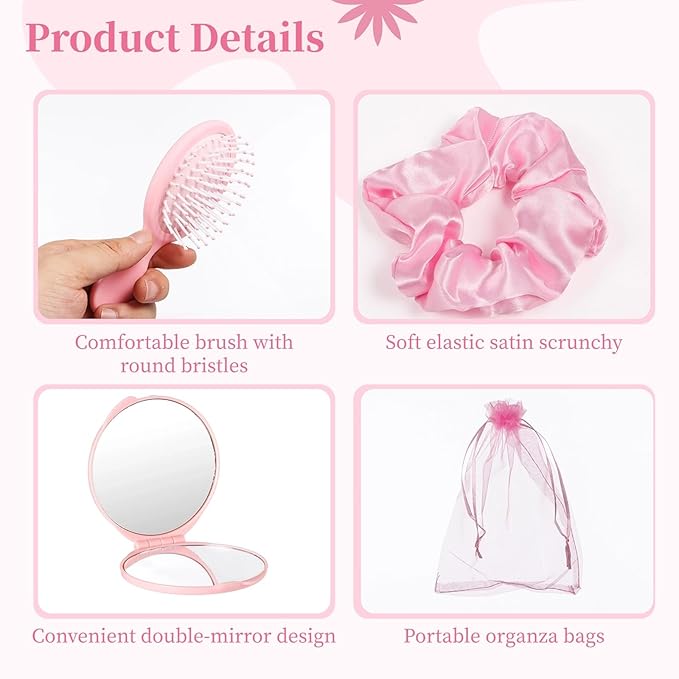 48 Pcs Pink Party Favors, Pink Makeup Party Supplies, Including Hair Brushes, Elastic Scrunchies, Pocket Cosmetic Mirrors, and Organza Bags, Makeup Brush Accessories (48PCS)
