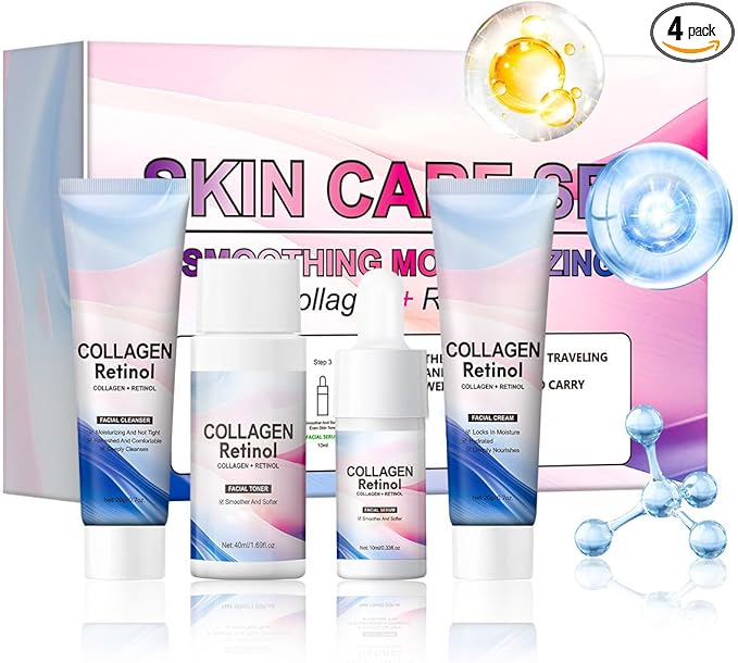 Collagen Retinol Travel Skincare Set, Hydrating Facial Starter Kit with Cleanser Toner Serum Face Moisturizer, Anti Aging Skin Care Routine Gift Set for Women Girls