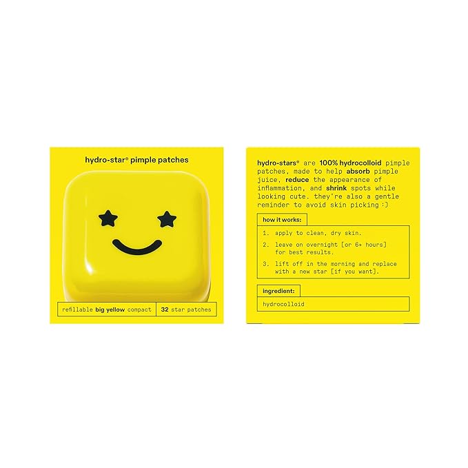 Starface Hydro-Star Pimple Patches + Big Yellow Compact, Clinically Proven Spot Shrinking in 6 Hours, Absorb Fluid and Reduce Redness, Hydrocolloid, Vegan and Cruelty-Free Skincare (32 Count)