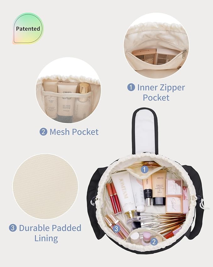 Narwey Quilted Drawstring Makeup Bag, Large Cosmetic Bag Make up Bags Toiletry Bag Travel Bags for Toiletries Organizer for Women Gift for Teen Girls (Black) (Patent)