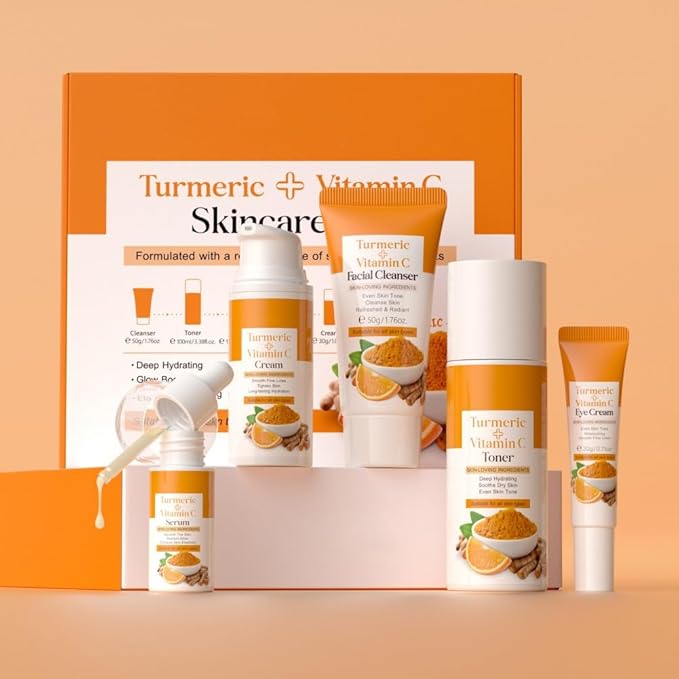 Turmeric Vitamin C Skincare Set for Women, 5 Pieces Face Care Kit - Cleanser Toner Essence Eye Cream Face Moisturizer for Glowing, Brightening Skin, Travel Skin Care Gift Sets for Women