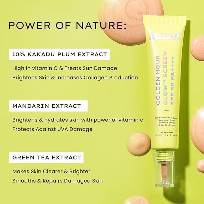 Hyphen Golden Hour Glow Sunscreen Spf 50 Pa++++ Dewy Glow & Bright Skin, Uv & Blue Light Protection|Dry & All Skin Types - 40G