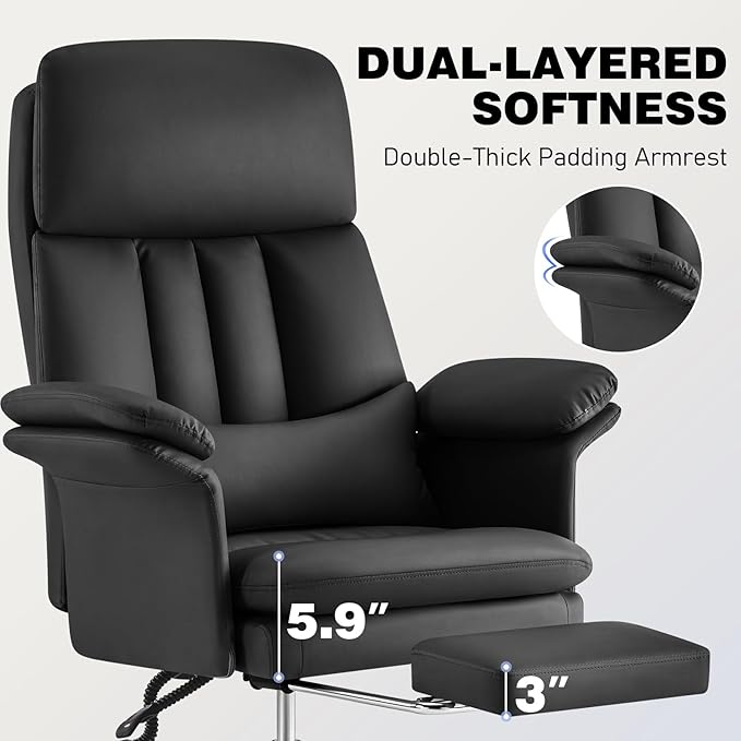 Leather Home Office Chair with Footrest 400lbs, High Back Rolling Desk Chair with Lumbar Support Soft Armrests, Excutive Office Chairs with Wheels Height Adjustable Rocking Swivel Functions,Black