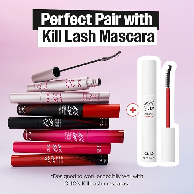 CLIO Kill Lash Mascara Remover, Waterproof Eye Makeup Remover with Curved Precision Brush, Oil Cleanser for Superproof Mascara and Lash Base, No-Rub Gentle Cleansing
